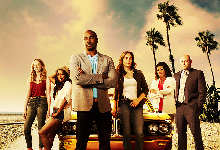 Alt Text: Rosewood cast posing beside a gold car on a beach with palm trees.
