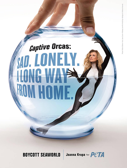 PETA campaign artwork showing Joanna Krupa as an orca in a fishbowl, calling for a SeaWorld boycott