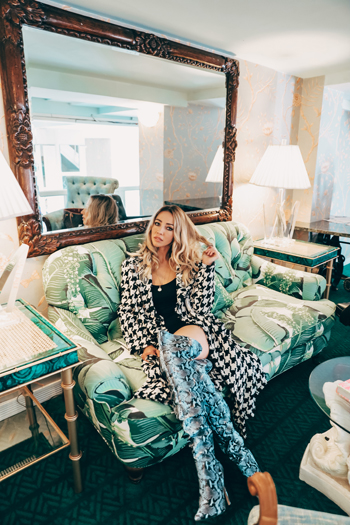 Karen Huggins mixing a checked Geegeebae coat with patterned trousers