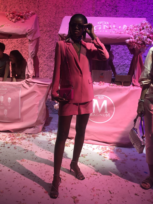 Rebecca Minkoff presentation look featuring a pink jacket and skirt