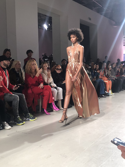 Ingie Paris model in a flowing metallic dress