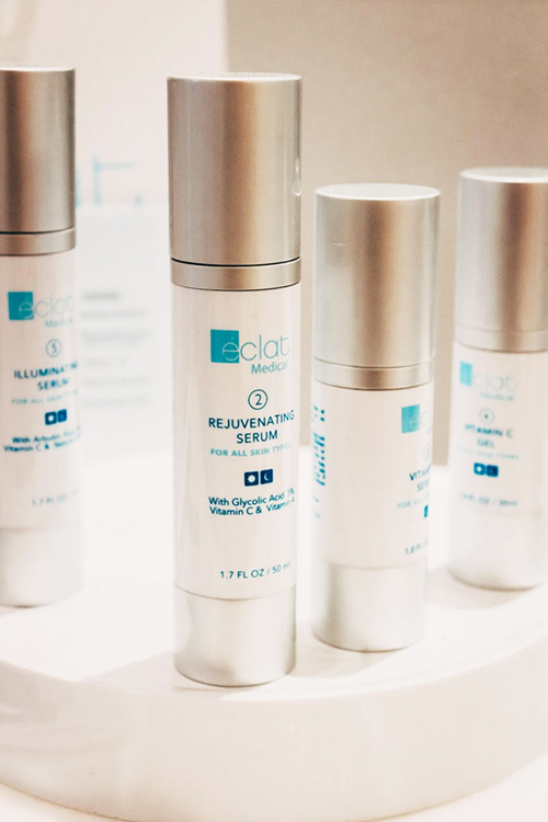 Bottles from Dr. Jhonny Salomon’s skin care line arranged on a display
