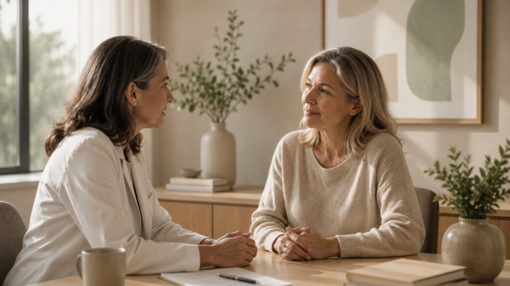 Woman discussing menopause and ongoing gaps in women’s healthcare with a compassionate female physician.