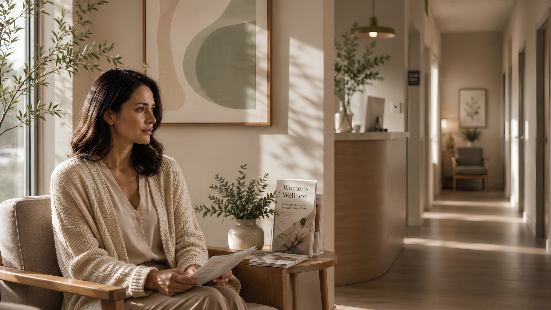 Woman waiting in a women's healthcare diagnostic center, representing women who feel unheard in healthcare and the need for compassionate patient care.