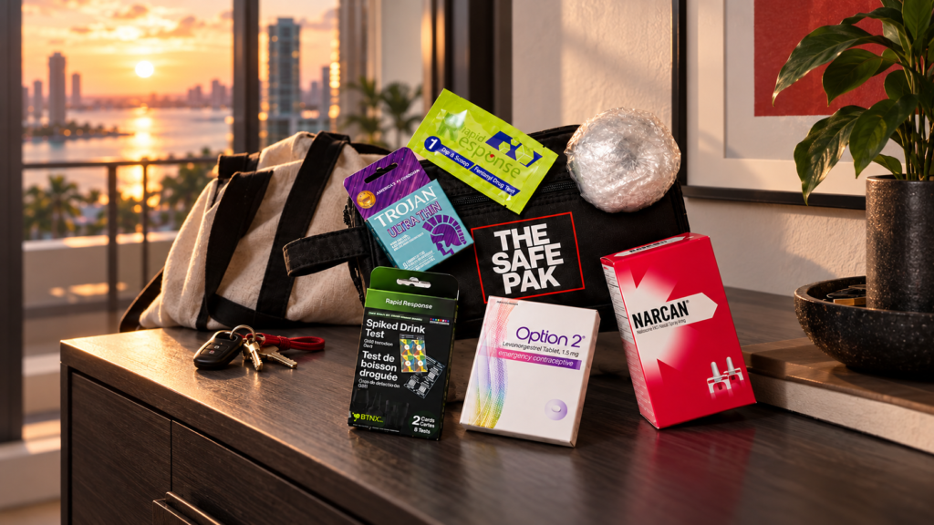 The Safe Pak and displayed supplies beside a tote and keys, with a Miami skyline at sunset