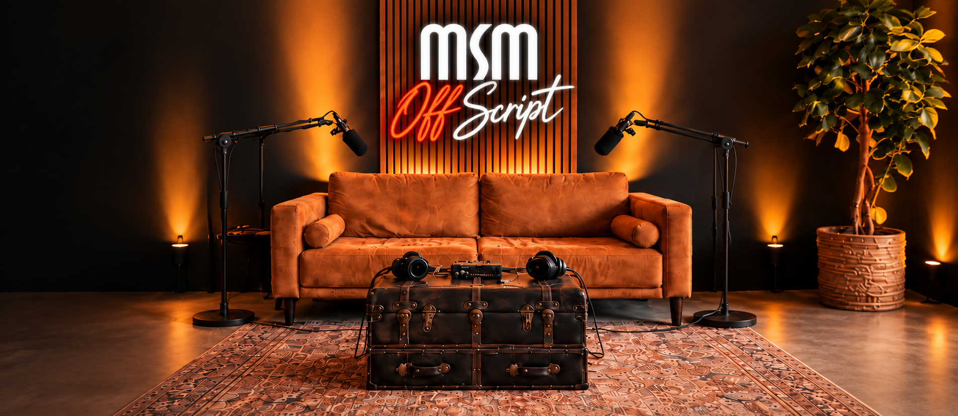 MSM Off Script studio with a glowing wall logo, warm amber lighting, a leather sofa, and two microphones.