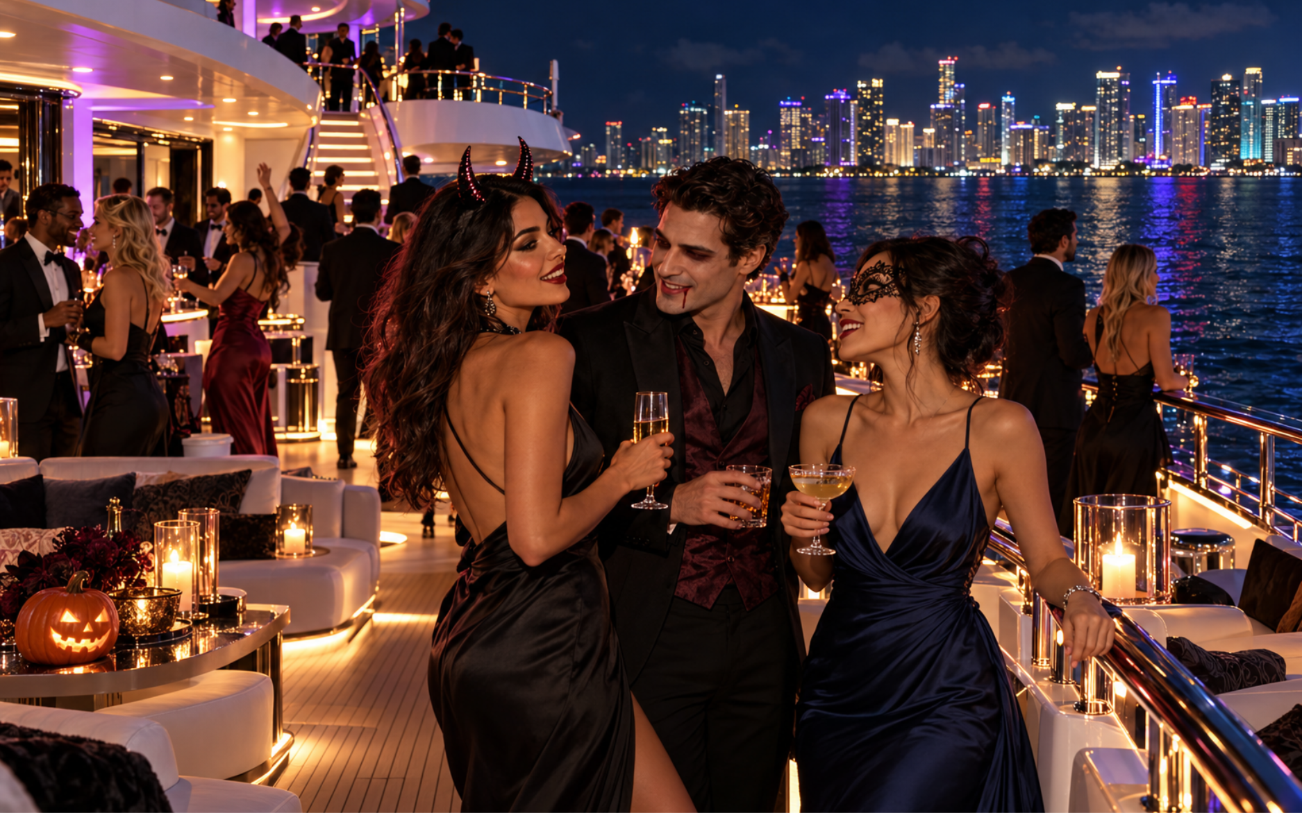 Guests in elegant Halloween costumes enjoying cocktails on an imagined yacht deck, with an illuminated waterfront skyline in the background.