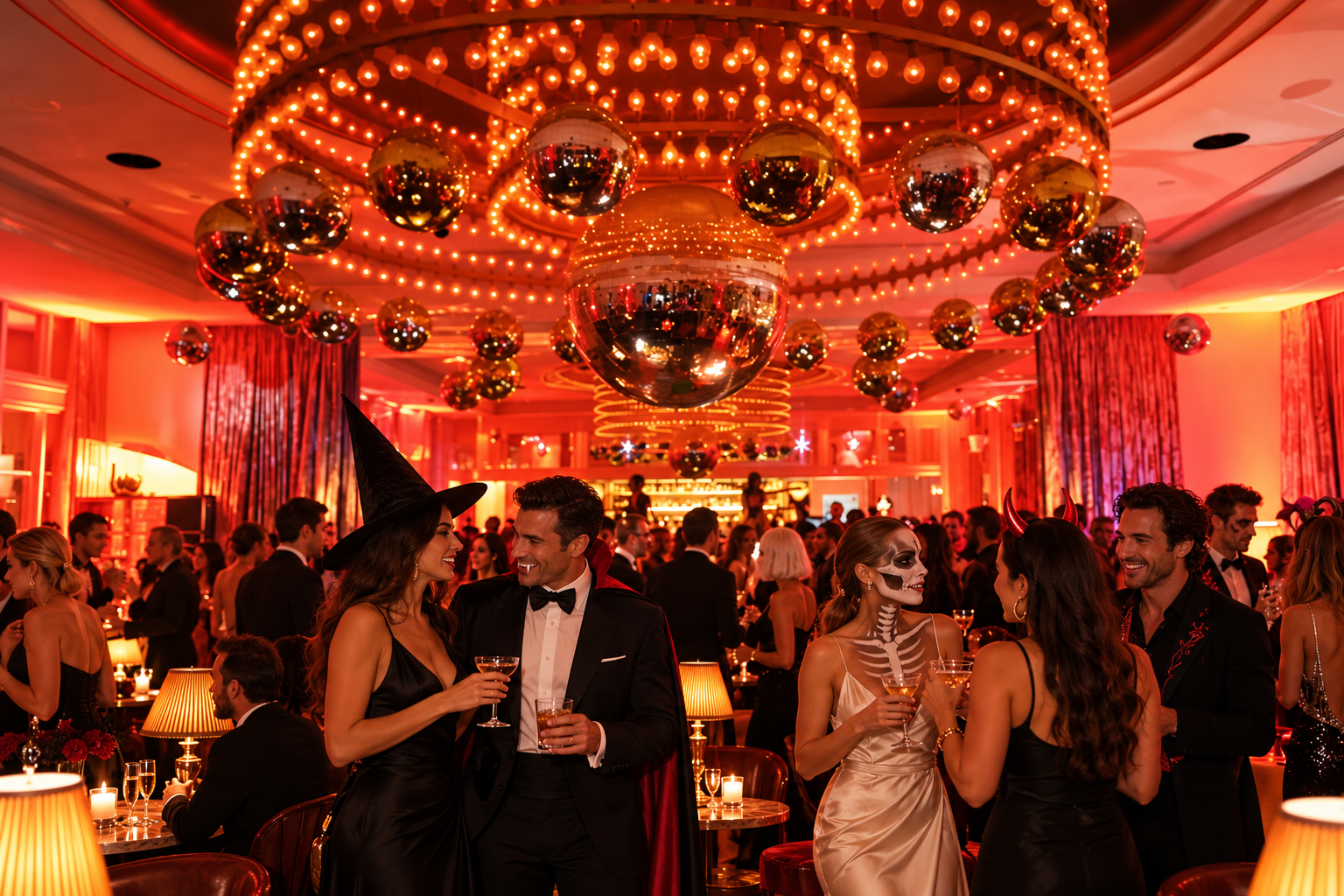 Elegantly costumed guests beneath mirrored disco balls and warm ceiling lights in a Faena-inspired Halloween scene.