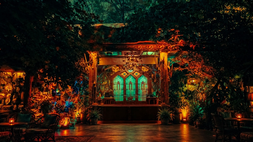 AIRE DJ booth beneath greenery and warm lights