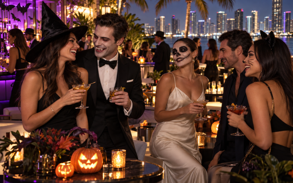 Guests in witch, vampire, skeleton, and cat costumes enjoying cocktails beside glowing pumpkins, with a waterfront skyline behind them.